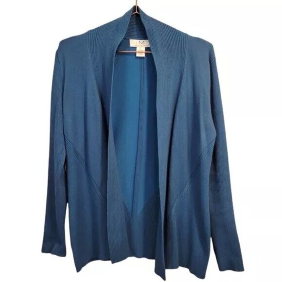 M Magaschoni | Open Front Ribbed knit Sweater Cardigan Teal Blue - Picture 1 of 4
